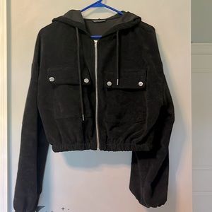 Cropped Jacket, Cropped Drawstring Hoodie, Black, Ribbed,